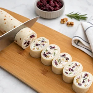 Cranberry feta tortilla roll sliced into even pinwheel pieces with neat creamy edges
