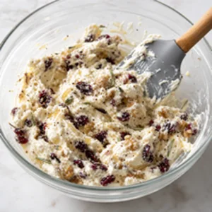Cream cheese feta cranberries walnuts rosemary honey and black pepper mixed in a bowl