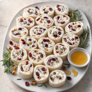Finished cranberry and feta cream cheese pinwheels arranged on a platter