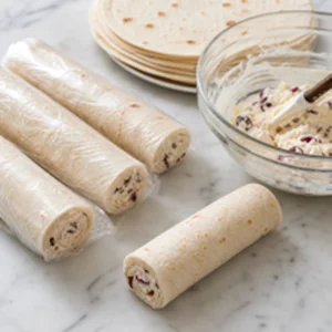 Several cranberry feta tortilla logs wrapped and ready while more filling and tortillas sit nearby