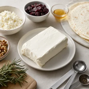 Softened cream cheese resting on a plate with feta cranberries walnuts rosemary honey and tortillas nearby