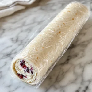 Tightly rolled cranberry feta tortilla log wrapped in clear plastic wrap for chilling