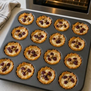 Baked brie bites with melted brie, cranberries, and walnuts in golden phyllo cups.
