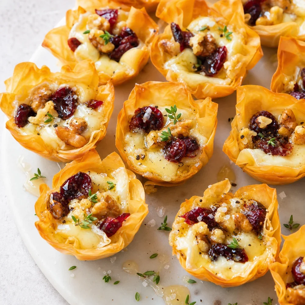 Cranberry and walnut brie bites in golden phyllo cups drizzled with honey.