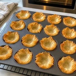 Empty phyllo cups lightly baked until golden in a mini muffin tin.