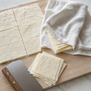 Phyllo sheets cut into small squares and covered with a damp towel.