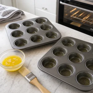 Two mini muffin tins brushed with melted butter beside a preheating oven.