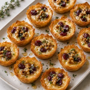 Warm cranberry walnut brie bites drizzled with honey and sprinkled with thyme.