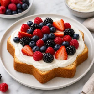 Bottom pandoro layer spread with mascarpone cream and mixed berries
