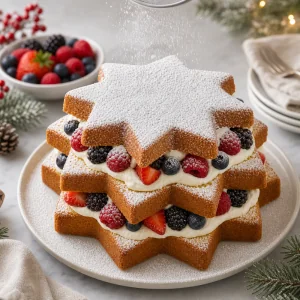 Finished cream filled pandoro dusted with powdered sugar and berries