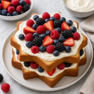 Middle pandoro layer topped with mascarpone cream and fresh berries