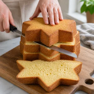 Pandoro sliced horizontally into star shaped cake layers