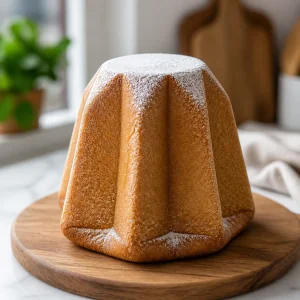 Whole golden pandoro resting on a board before slicing