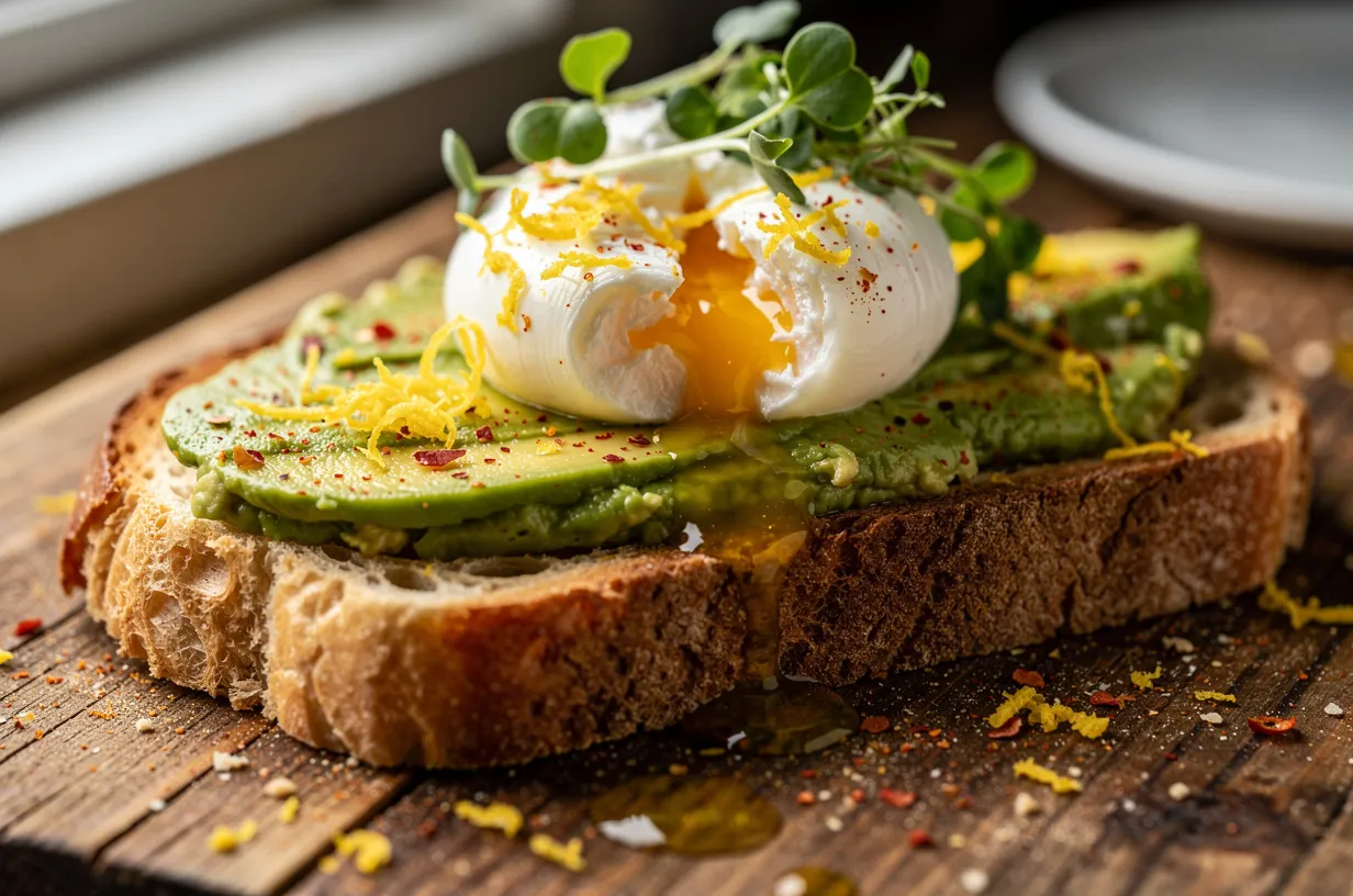 Tosta cremosa de abacate com ovo escalfado em sourdough