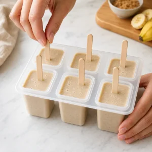 Wooden sticks inserted into filled banana ice pop molds before freezing