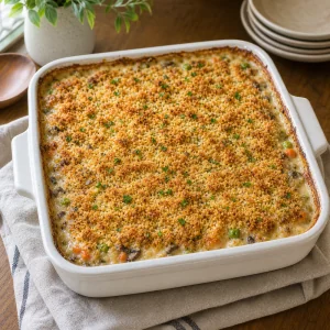 Baked casserole with bubbling edges and golden brown crumb topping