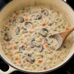 Creamy sauce simmering with mushrooms and vegetables