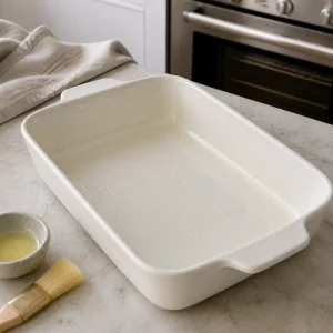 Greased rectangular baking dish ready for casserole filling