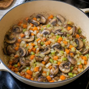 Mushrooms, carrots, celery, and onion sautéing in butter