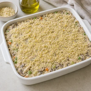 Unbaked casserole topped with panko and Parmesan in a baking dish