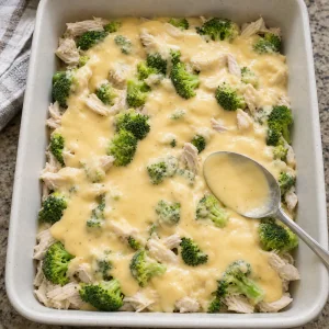 Соус с чеддером распределен по курице и брокколи