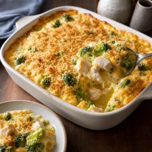 Finished chicken divan casserole with broccoli and golden crumb topping