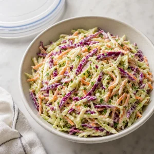 Chilled creamy coleslaw ready to serve in a bowl