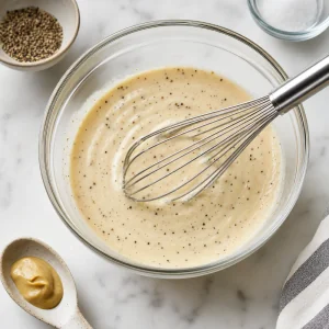 Creamy apple cider dressing being whisked in a bowl
