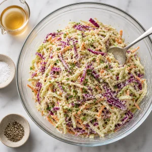 Creamy coleslaw with vinegar, salt, and pepper nearby
