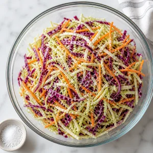 Salted shredded cabbage and carrots resting in a bowl