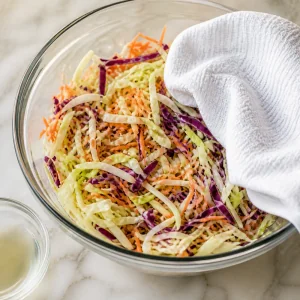 Shredded cabbage mixture being patted dry with a towel
