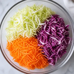 Shredded green cabbage, red cabbage, and carrots in a mixing bowl