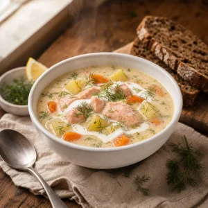Bowl of creamy salmon soup finished with dill and rye bread