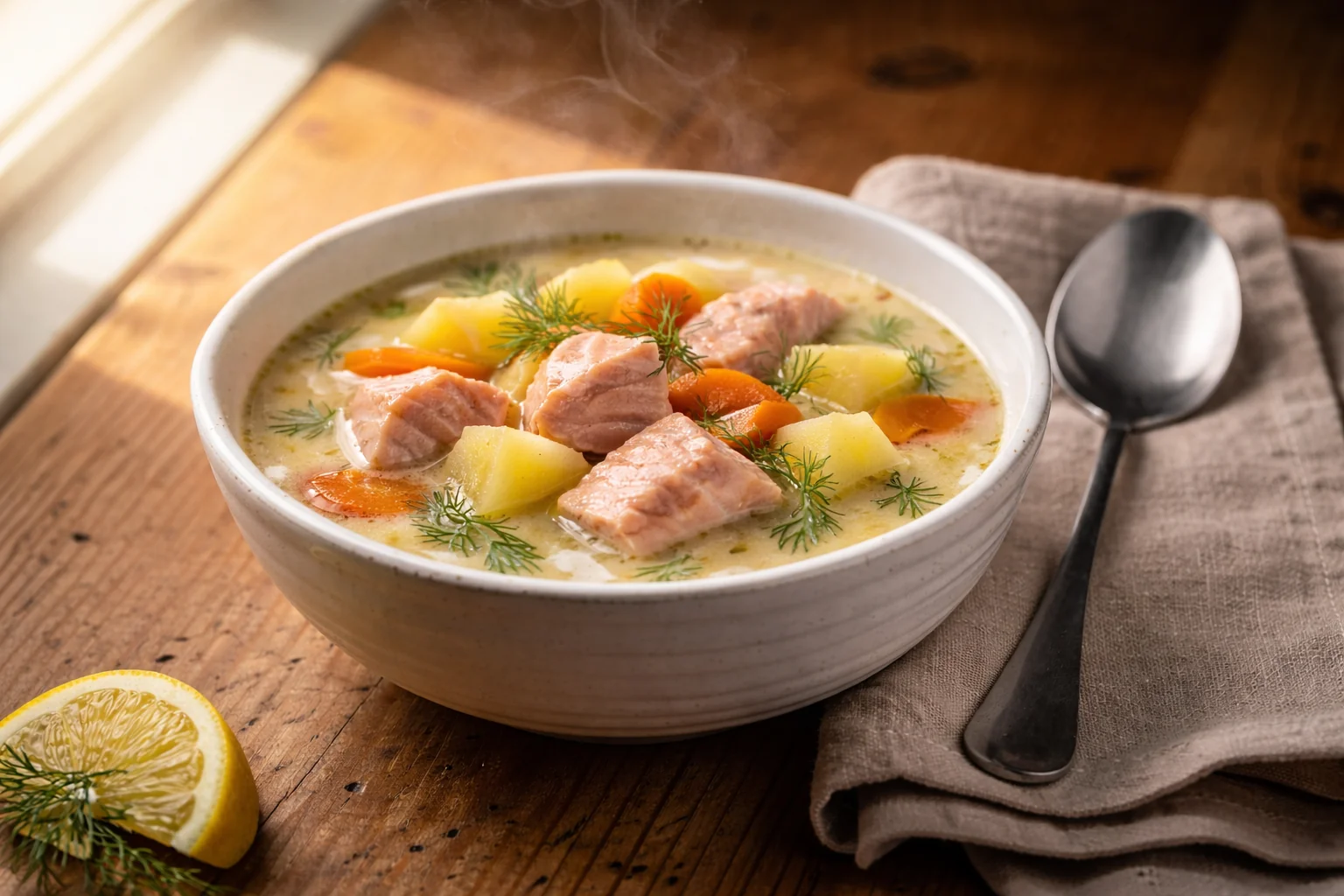 Creamy Finnish Salmon Soup (Lohikeitto) with Dill & Potatoes