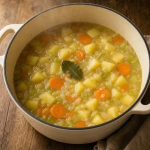 Diced potatoes and carrots simmering in clear stock