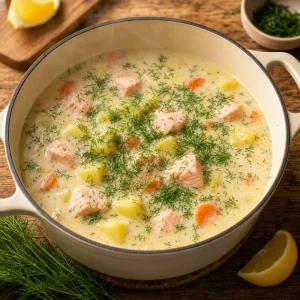 Fresh dill scattered over creamy salmon soup with lemon nearby