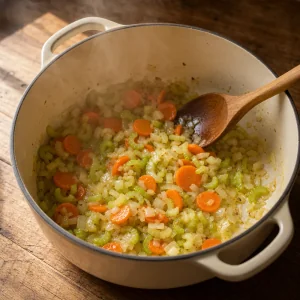 Onion, carrot, and celery softening in butter and olive oil