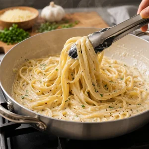 Pasta cotta saltata in padella con salsa setosa aglio parmigiano e pepe nero