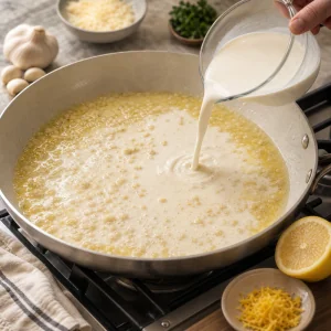 Panna e latte versati nella salsa al burro e aglio con scorza di limone accanto