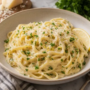 Pasta cremosa aglio e parmigiano finita con prezzemolo, altro parmigiano e spicchio di limone