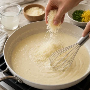 Parmigiano appena grattugiato incorporato con la frusta in una salsa cremosa all'aglio