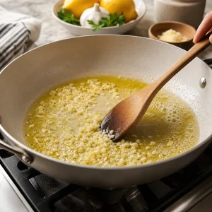 Aglio tritato che sfrigola dolcemente in burro fuso e olio d'oliva in padella