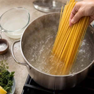 Spaghetti in cottura in una grande pentola di acqua salata bollente per pasta cremosa aglio e parmigiano