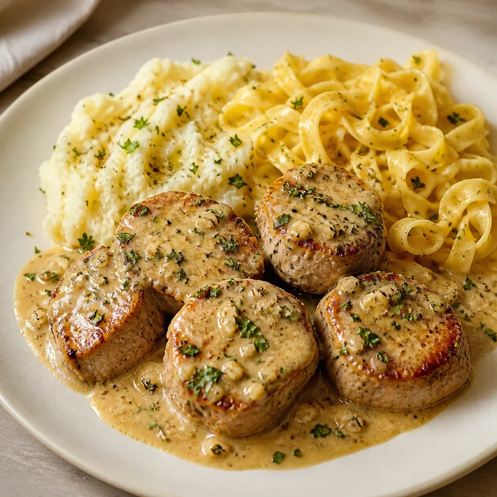 Creamy garlic pork tenderloin medallions served with noodles