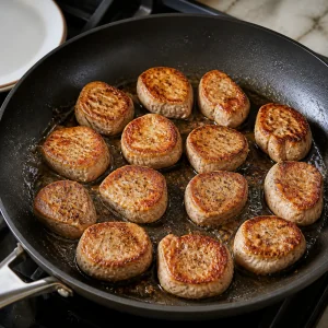 Pork medallions searing in a skillet