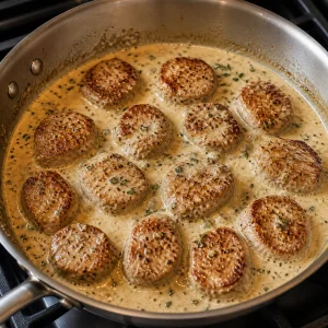 Pork medallions simmering in cream sauce