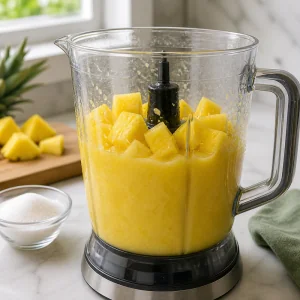 Fresh pineapple chunks blended with sugar into a smooth golden puree.