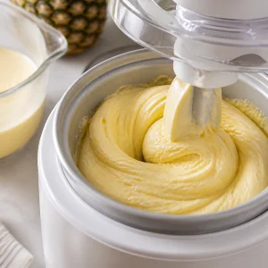 Pale yellow pineapple ice cream churning thick inside an ice cream maker.