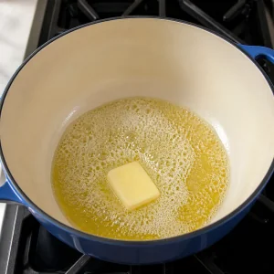 Butter melting in olive oil in a Dutch oven