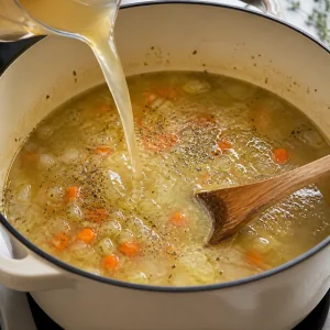 Chicken broth poured into the seasoned vegetable base